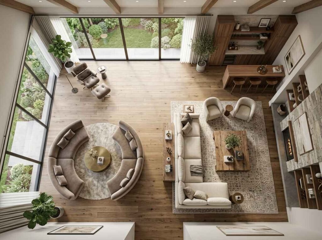 High-angle view of a compact luxury living room layout showcasing scaled low-profile seating, a modern ribbon fireplace, and floor-to-ceiling glass doors.