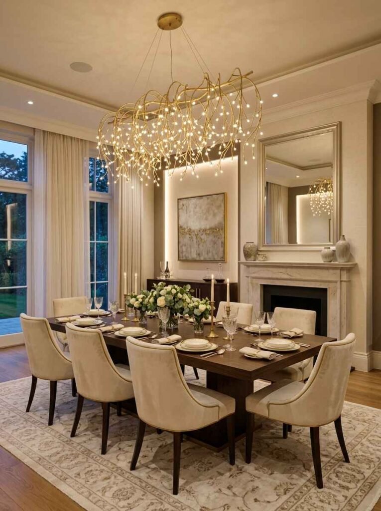 Intricate soft gold branch light fixture with sparkling micro LED lights floating over an elegant dining room table