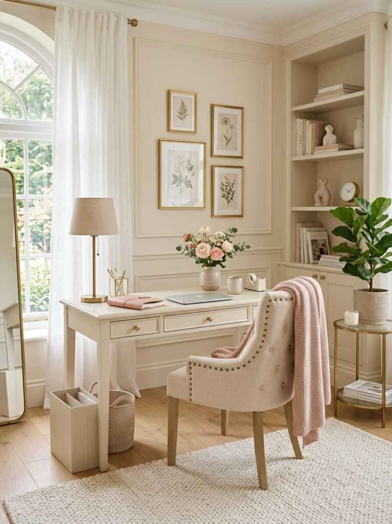 Soft pink and cream home office featuring classic wall panel molding, cream writing desk, blush throw blanket, and gold framed botanical art prints.