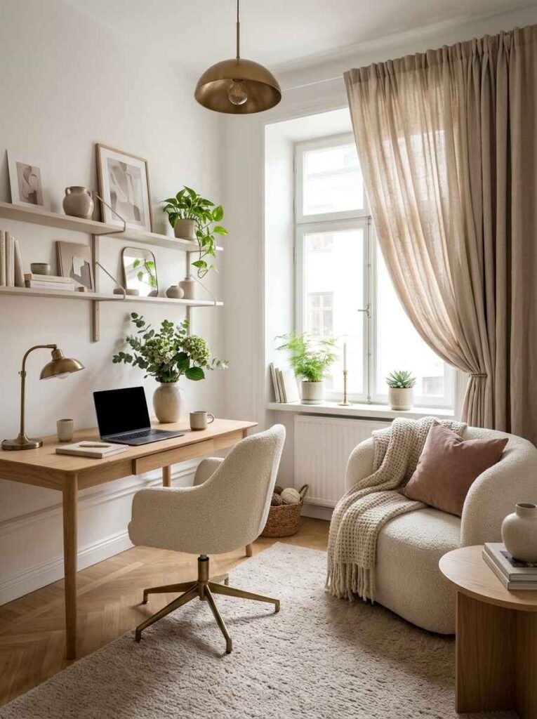 Cozy home office space with light oak desk, cream bouclé accent chair with knit throw, brass pendant light, and sheer beige linen curtains.