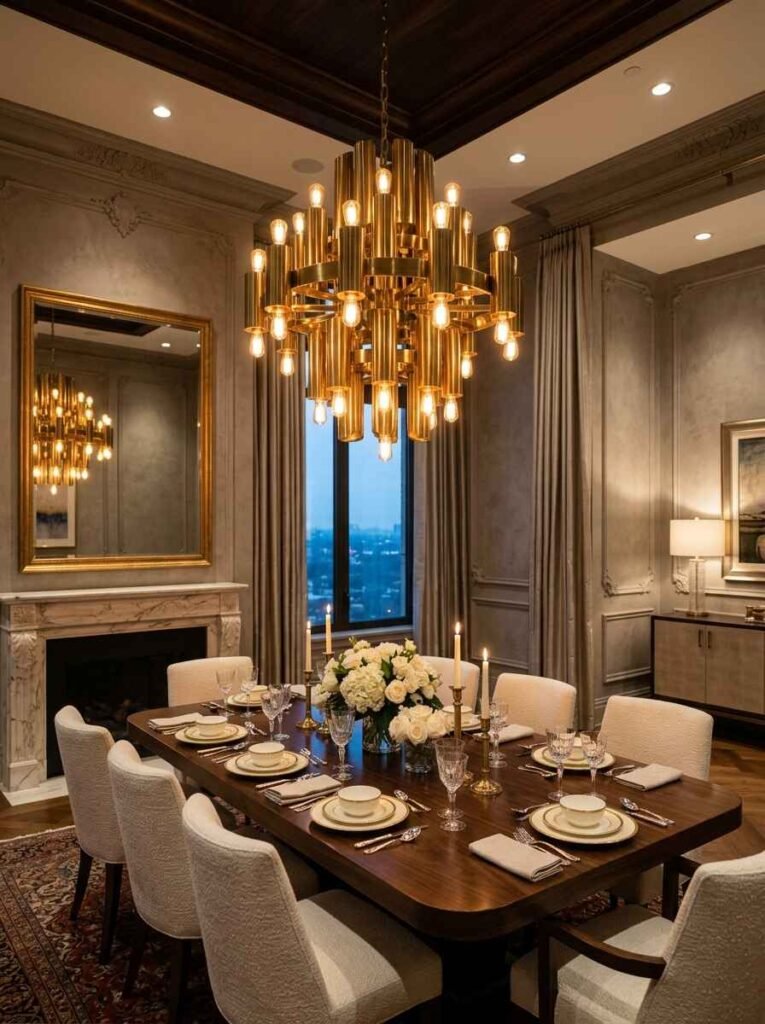 Grand multi-tiered cylindrical brass tube chandelier creating a warm glow in a luxury dining room