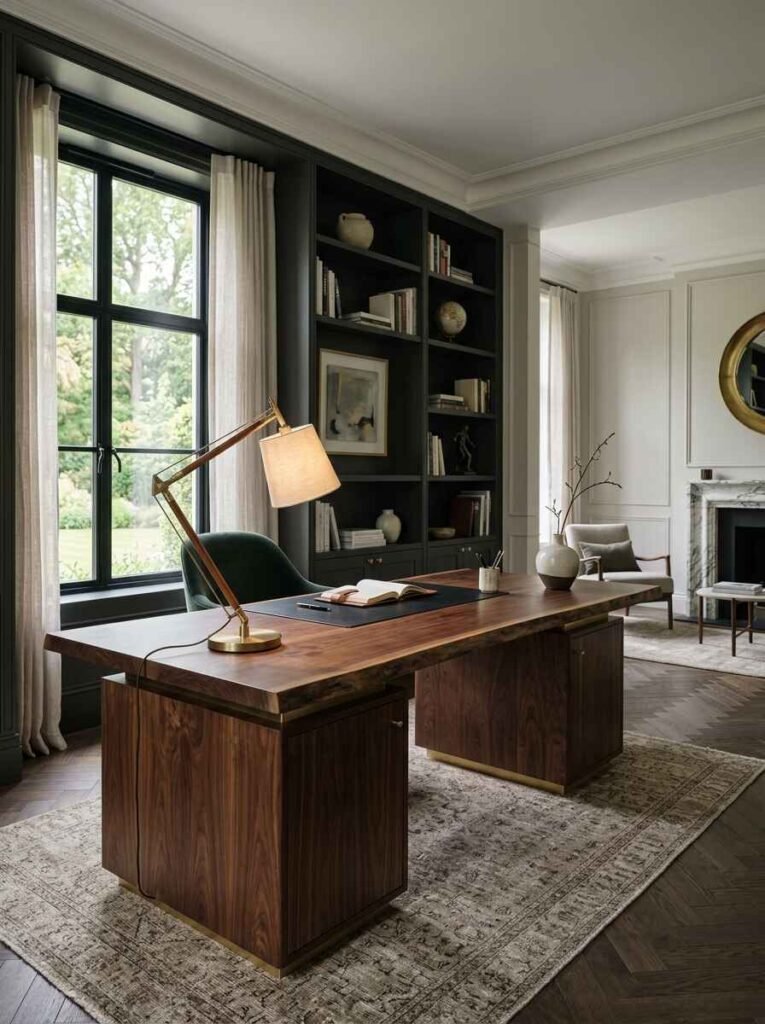 Executive home office featuring a heavy live-edge walnut statement desk, dark grey built-in library cabinets, brass task lamp, and vintage Persian rug.