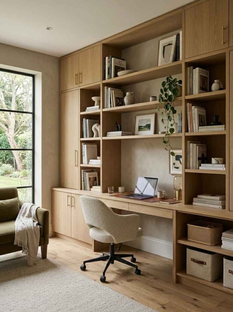 Wall-to-wall light oak built-in storage cabinet and bookcase with integrated desk niche, modern bouclé office chair, and neutral decor pieces
