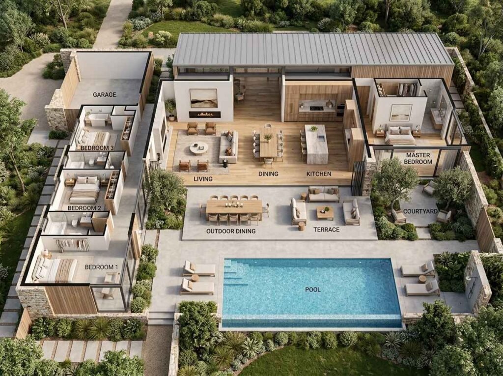 Overhead 3D house layout demonstrating indoor-outdoor living with glass walls sliding open from the living room and kitchen onto a terrace, outdoor dining area, and pool.