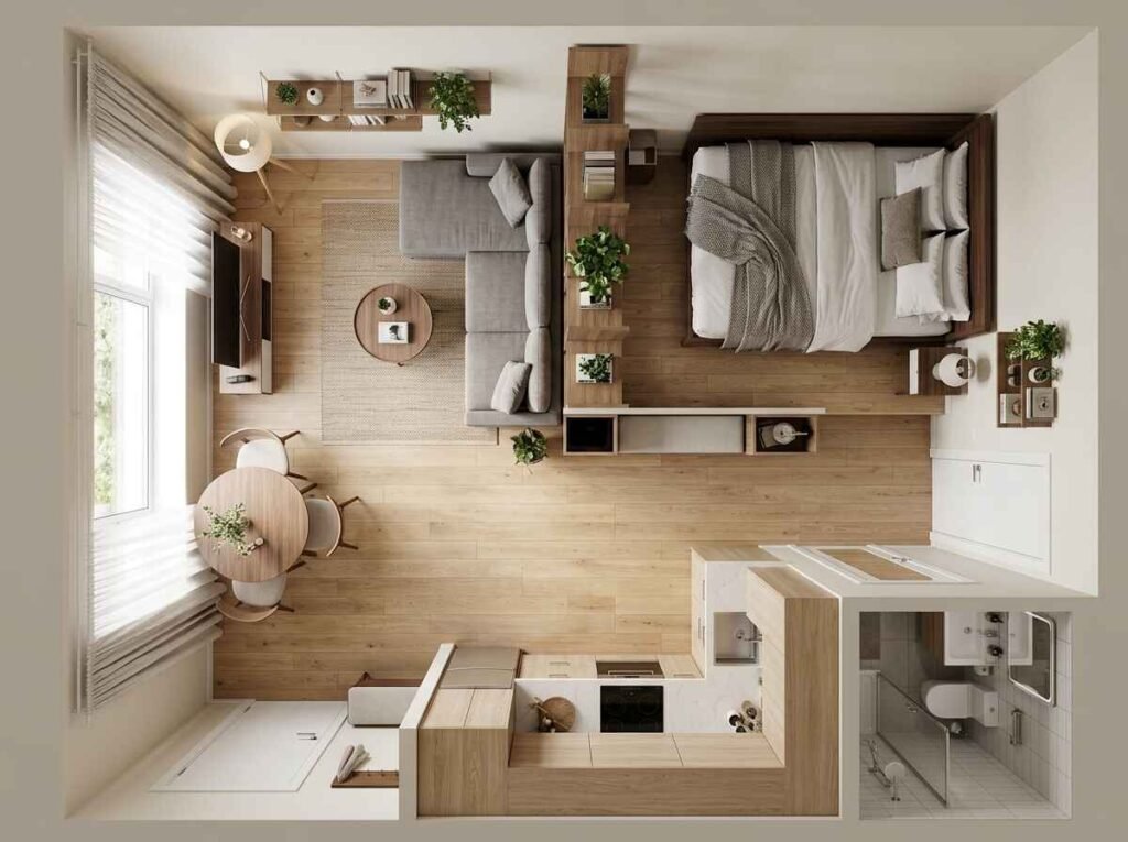Top-down 3D studio apartment layout plan with custom shelving dividing the sleeping bed area from the open living room and kitchen.