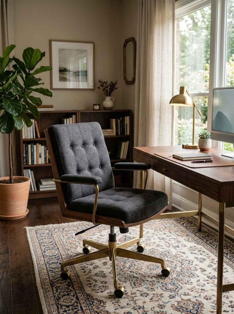 Tufted dark grey ergonomic office chair with brass rolling base paired with a modern walnut desk and potted fiddle leaf fig plant.