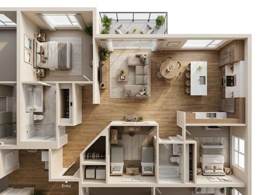 Detailed 3D floor plan of a three-bedroom family apartment featuring a primary suite, twin kids' room, guest bedroom, and open-plan central kitchen living area.