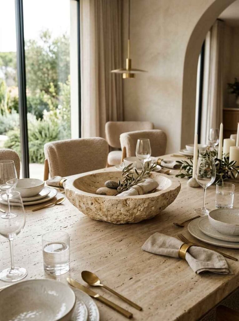 Raw travertine decorative bowl centerpiece styled on a luxury dining table