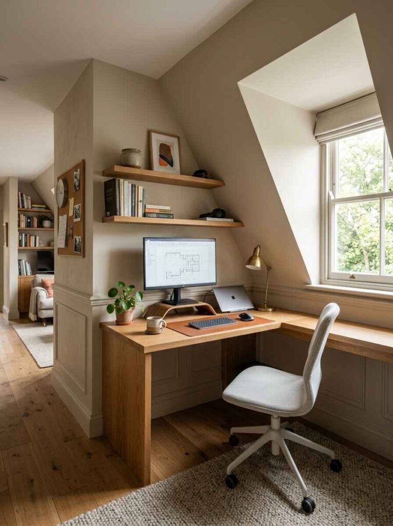Cozy attic corner home office with an L-shaped wooden desk positioned under a sloped ceiling next to a window.