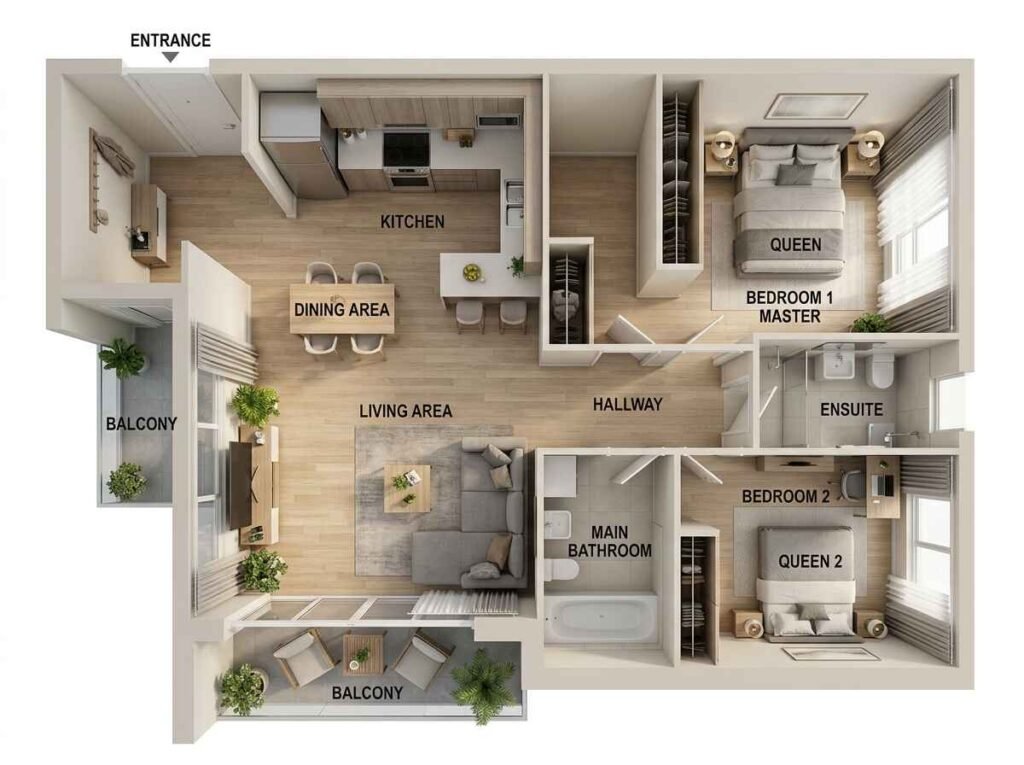 Detailed 3D floor plan of a two-bedroom, two-bathroom apartment featuring a split-bedroom layout, central living room, and private balconies.
