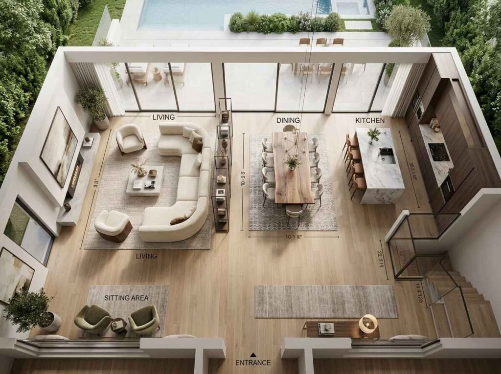 Overhead view of an open-concept living and dining space zoned using a curved modern sofa and textured area rugs
