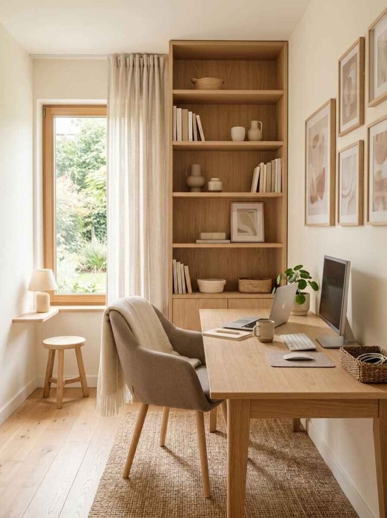 Bright small home office designed in neutral beige tones with a natural wood desk, light curtains, and tall open shelving.