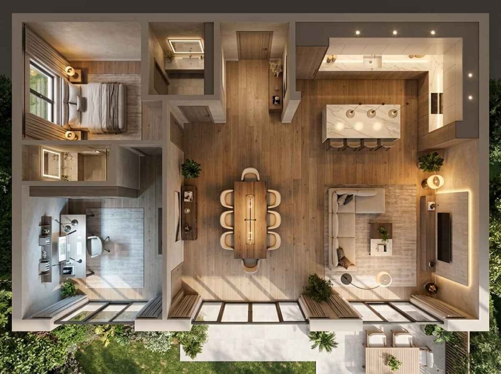 Open-concept luxury apartment floor plan featuring distinct living, dining, and home office functional zones