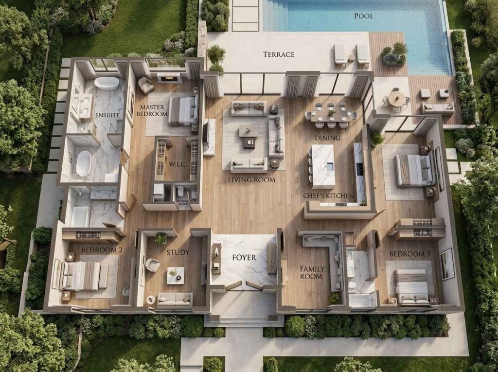Elegant 3D home floor plan demonstrating luxurious room proportions with a spacious central living room, a high-end chef's kitchen, and a balanced layout of private bedrooms in warm, neutral tones.