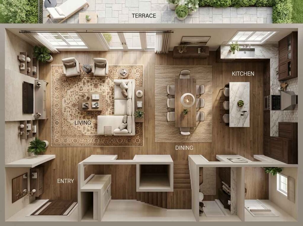 Overhead view of an open floor plan layout with zoned living, dining, and kitchen areas leading to a outdoor terrace