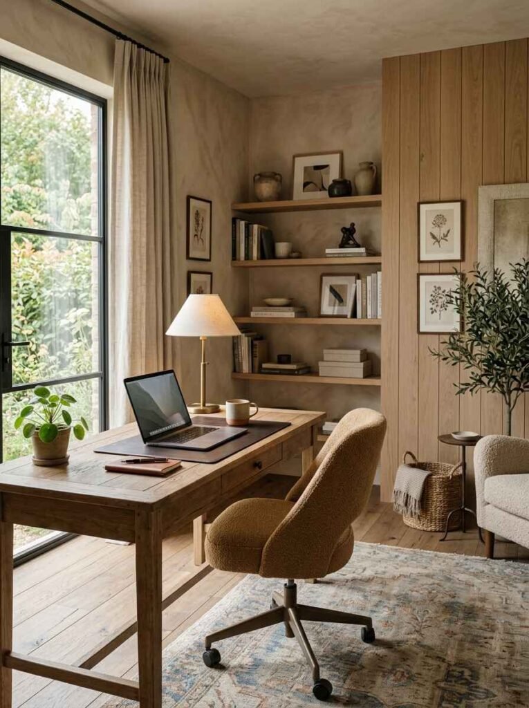 Home office featuring soft lime wash textured walls, vertical wood slat wall accent, rustic timber desk, mustard bouclé office chair, and vintage blue area rug.