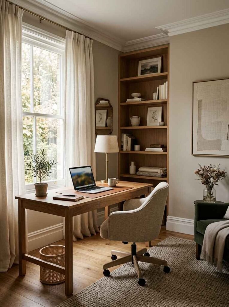 Sunlit home workspace with floor-length beige linen curtains, wooden writing desk, light grey upholstered desk chair, and built-in bookcase wall.