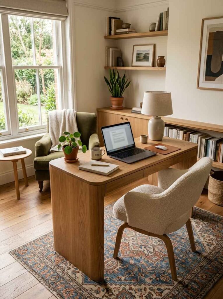 Modern warm wood desk with smooth rounded edges, paired with a white textured desk chair, vintage blue pattern rug, and green velvet armchair near a window.