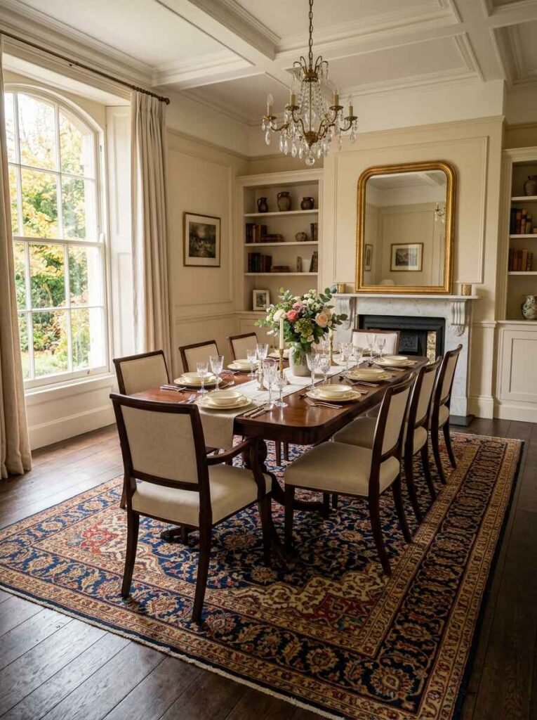 Vintage-style traditional dining room rug with intricate floral motifs under dark mahogany chairs.