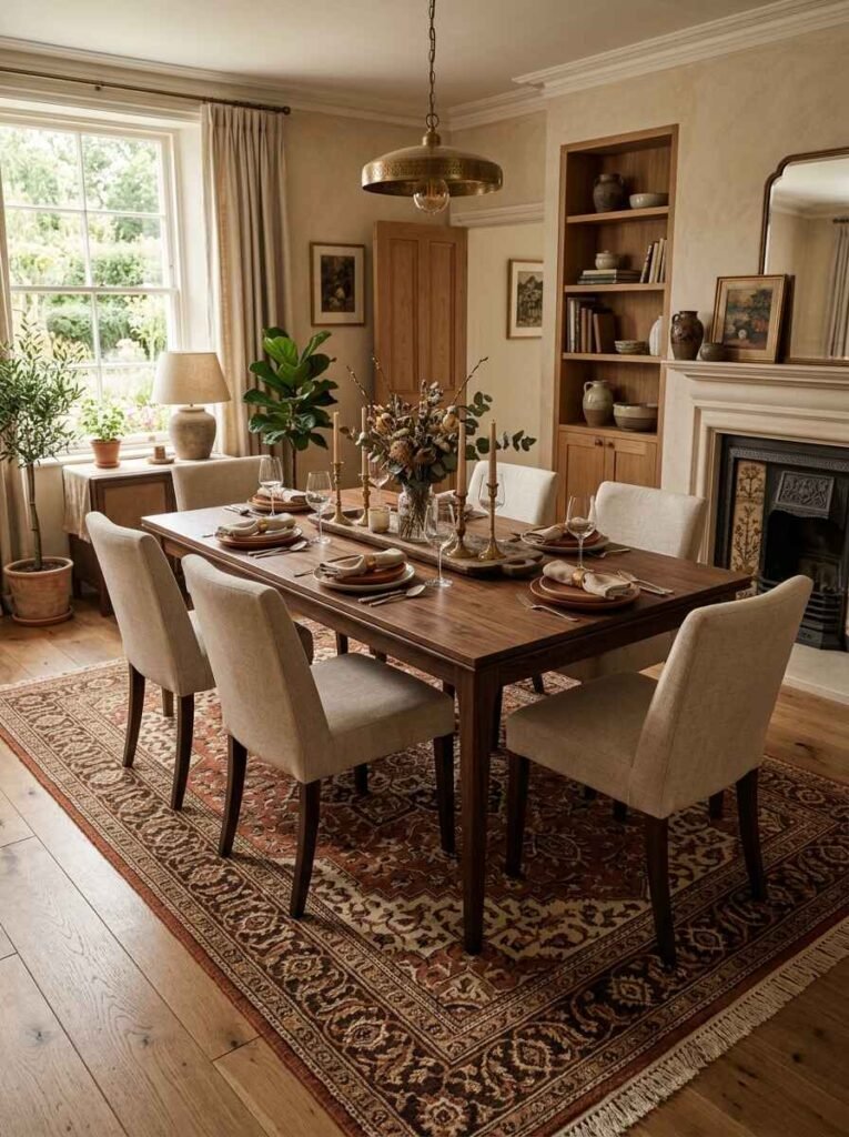 Warm earth-tone terracotta dining room rug with vintage pattern.
