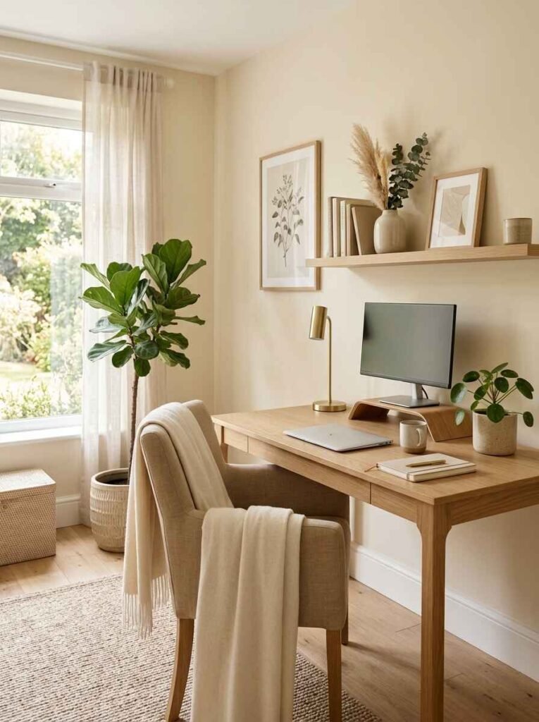 Warm neutral home office setup with light wood desk, beige fabric armchair draped with cream throw, floating display shelf, and potted house plants.