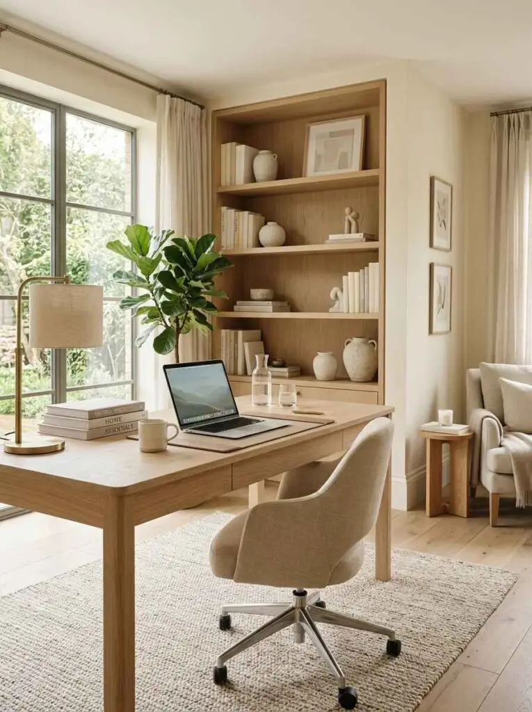 Warm neutral home office space featuring a light oak desk, textured beige armchair, floor-to-ceiling garden window, and built-in shelving