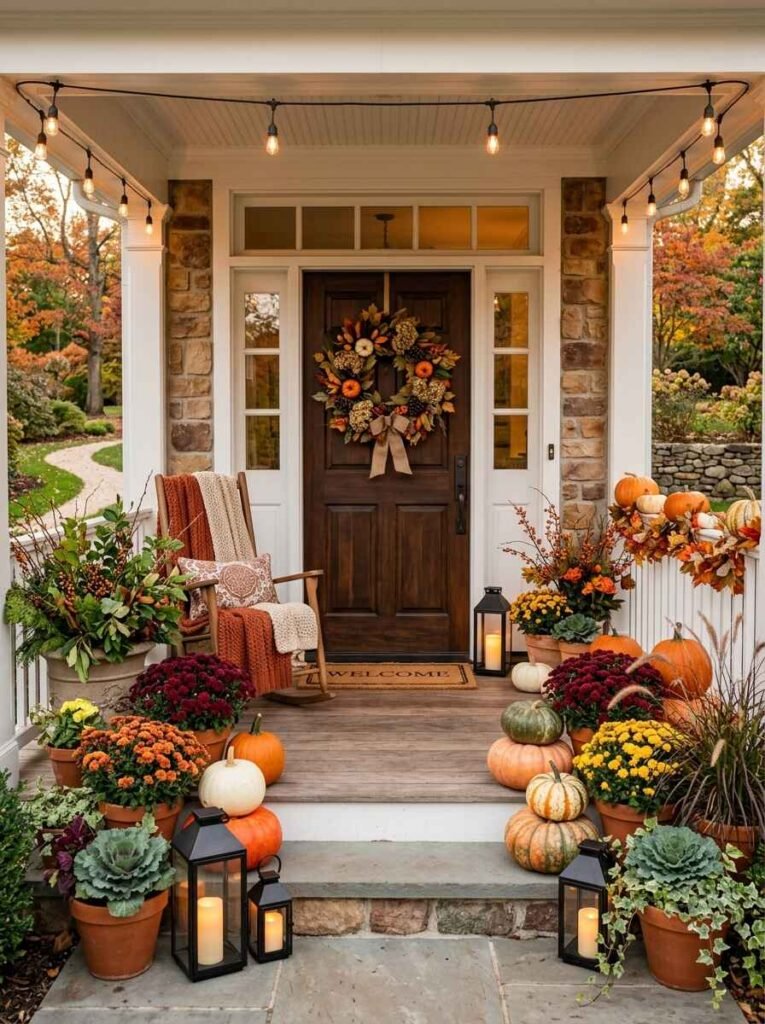 Warm fall porch illuminated by overhead string lights and lanterns, featuring stacked colorful pumpkins, potted mums, and a cozy rocking chair.