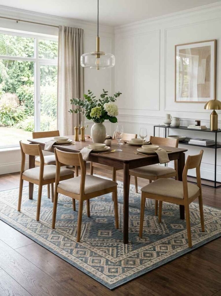 Low-profile washable dining room rug with classic pattern under beige chairs