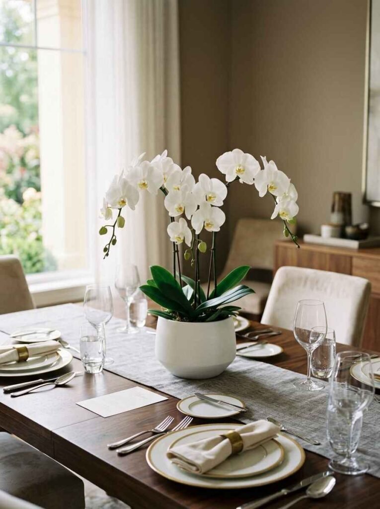 Potted white orchid centerpiece on a neutral linen table runner