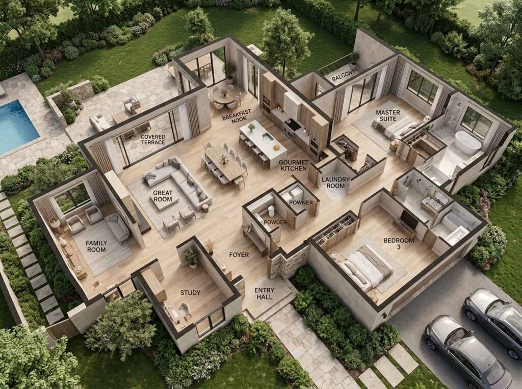 Comprehensive floor plan for a modern estate showcasing distinct zones for entertainment, family living, and private suites