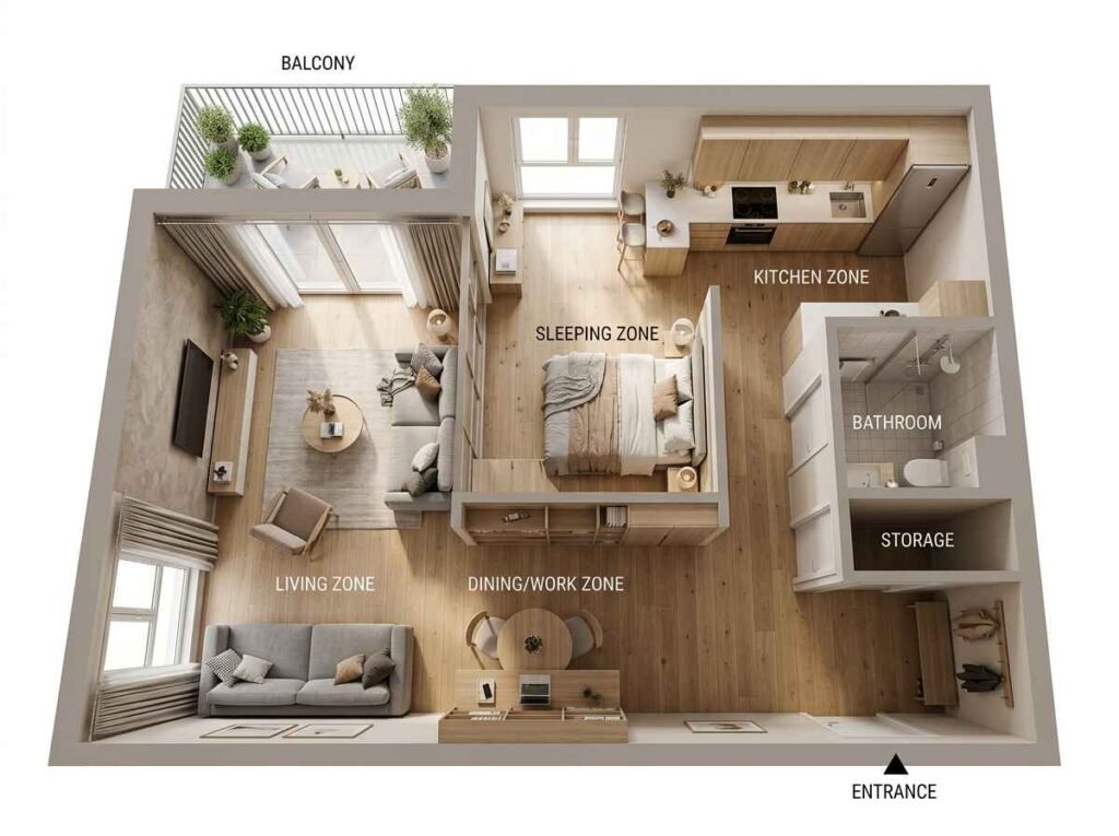 Studio apartment layout showing efficient micro-zoning for sleeping, living, dining, and kitchen areas