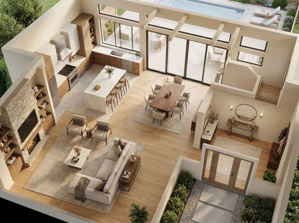 Open luxury home layout showing seamless zoning transitions between the entry foyer, living room, and kitchen area