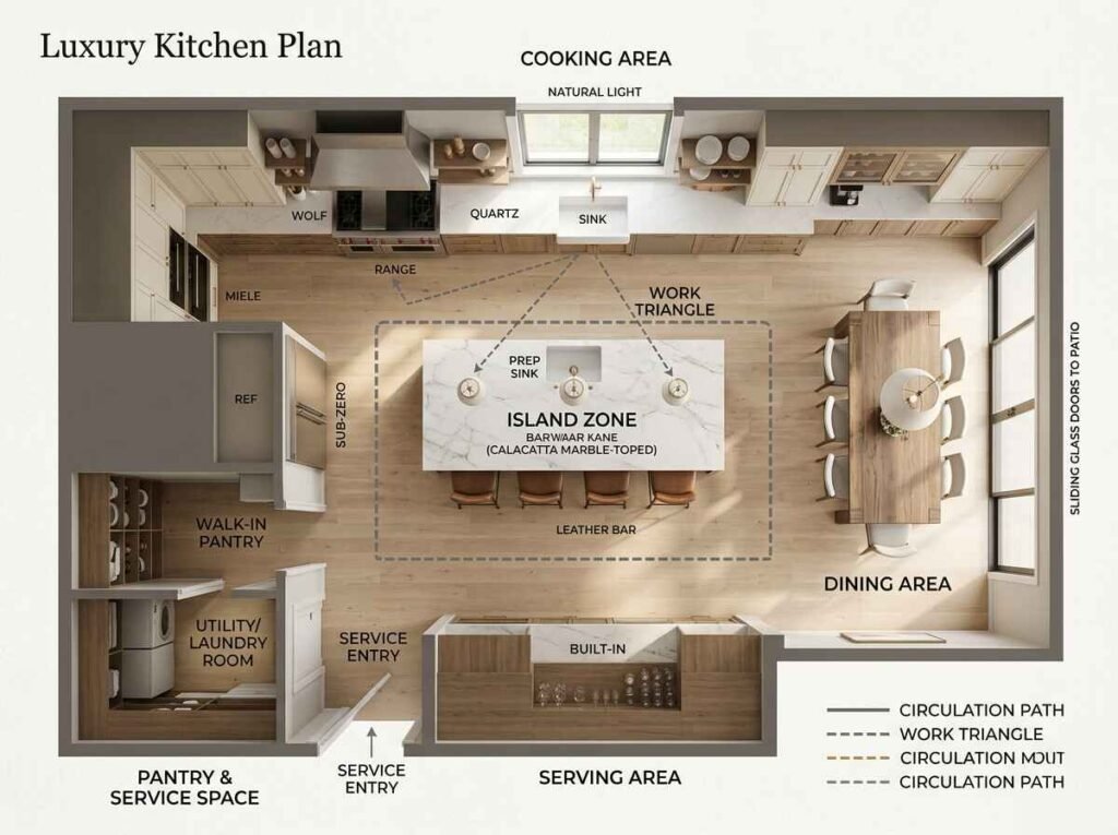 Architectural luxury kitchen layout diagram detailing the work triangle, prep island zone, and service pantry access