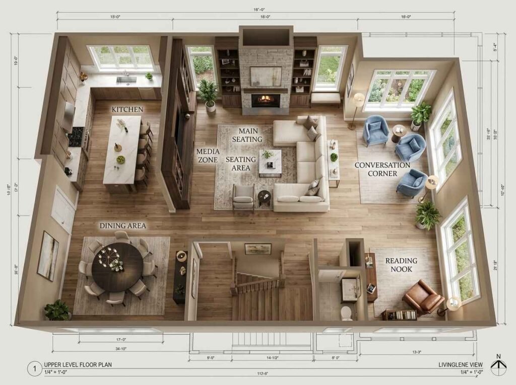 Living room floor plan breakdown showing distinct functional zones for media, conversation, and a quiet reading nook