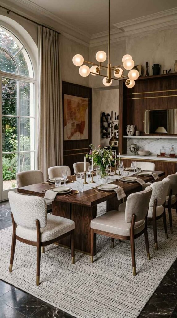 High-end dining room with architectural wall moldings, custom walnut built-in storage, and a modern globe chandelier.