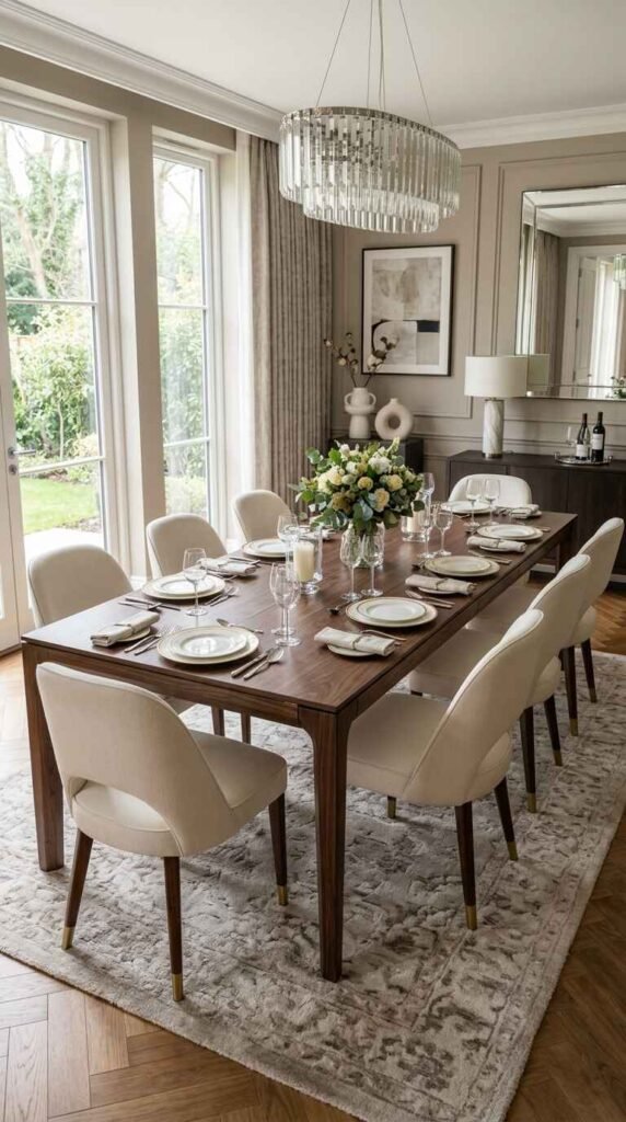 Fully extended walnut luxury dining table set for ten guests in a bright formal dining room.