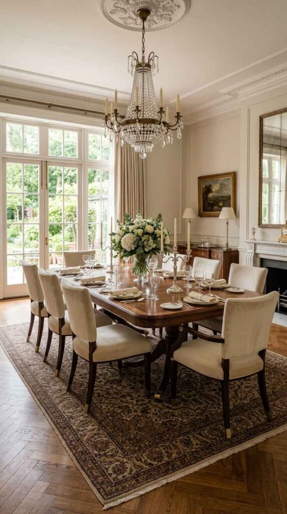 Classic investment-grade cherry wood dining table set on a patterned Persian rug in a traditional formal dining room.