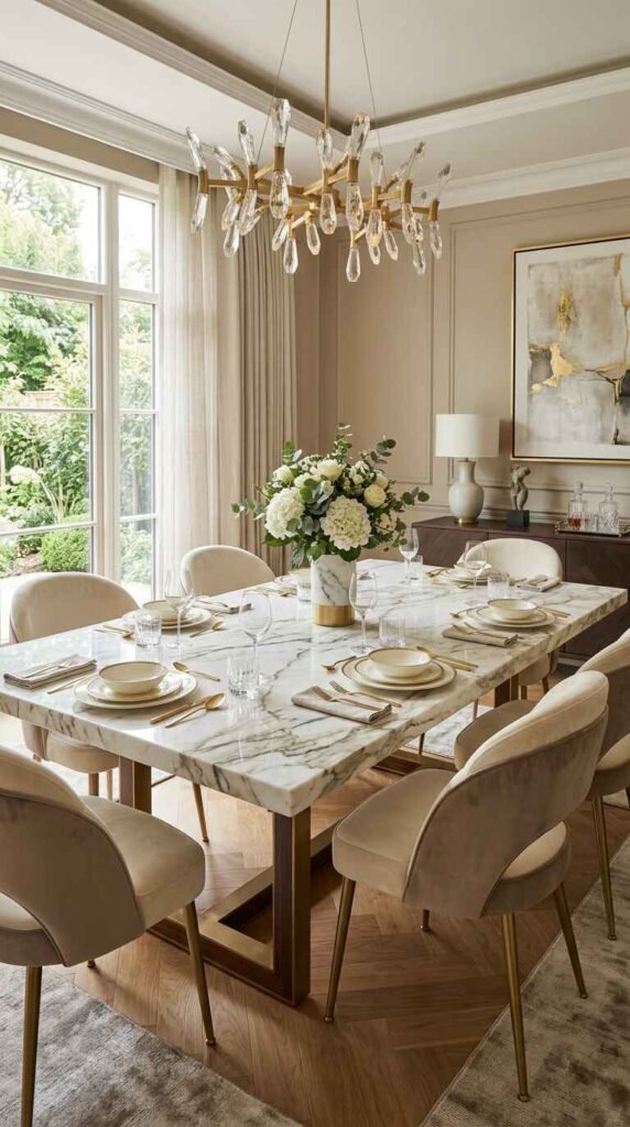High-end white Calacatta marble dining table featuring dramatic brass legs and cream velvet chairs.