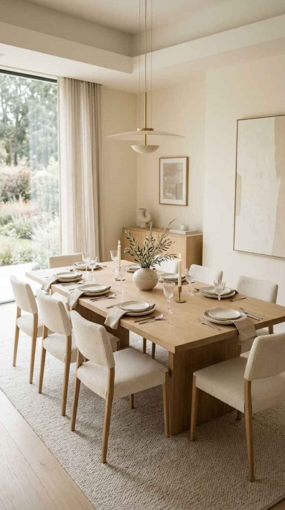 Minimalist light oak luxury dining table styled with neutral ceramic tableware and cream bouclé dining chairs.
