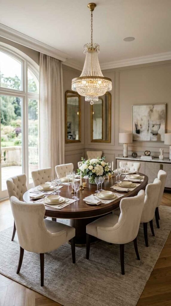 Elegant dark wood oval luxury dining table surrounded by tufted cream chairs under a classic crystal chandelier.