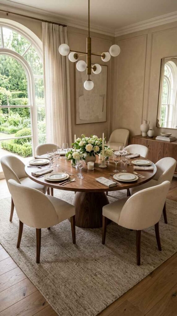Grand round walnut luxury dining table featuring a sculptural pedestal base and surrounding cream armchairs.