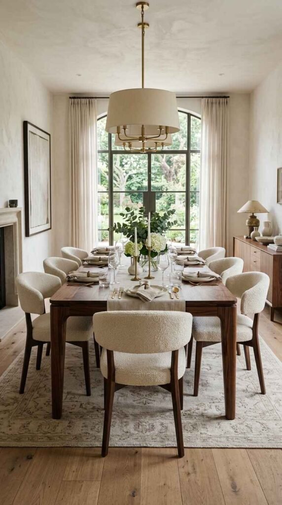 Solid walnut luxury dining table styled with textured bouclé chairs and natural linen table runner.