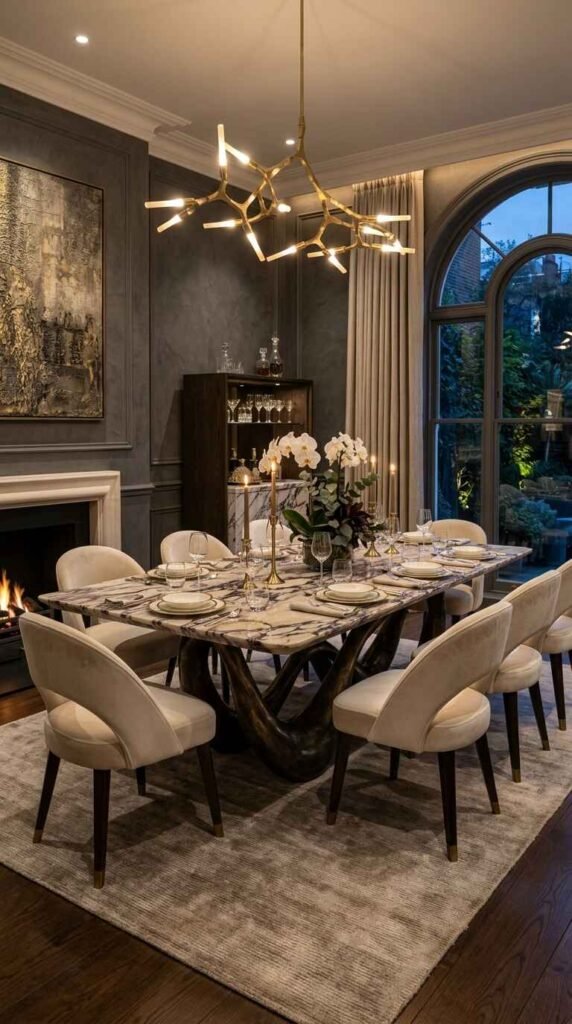 Dramatic statement dining table with a dark veined marble top and dynamic sculptural bronze base.