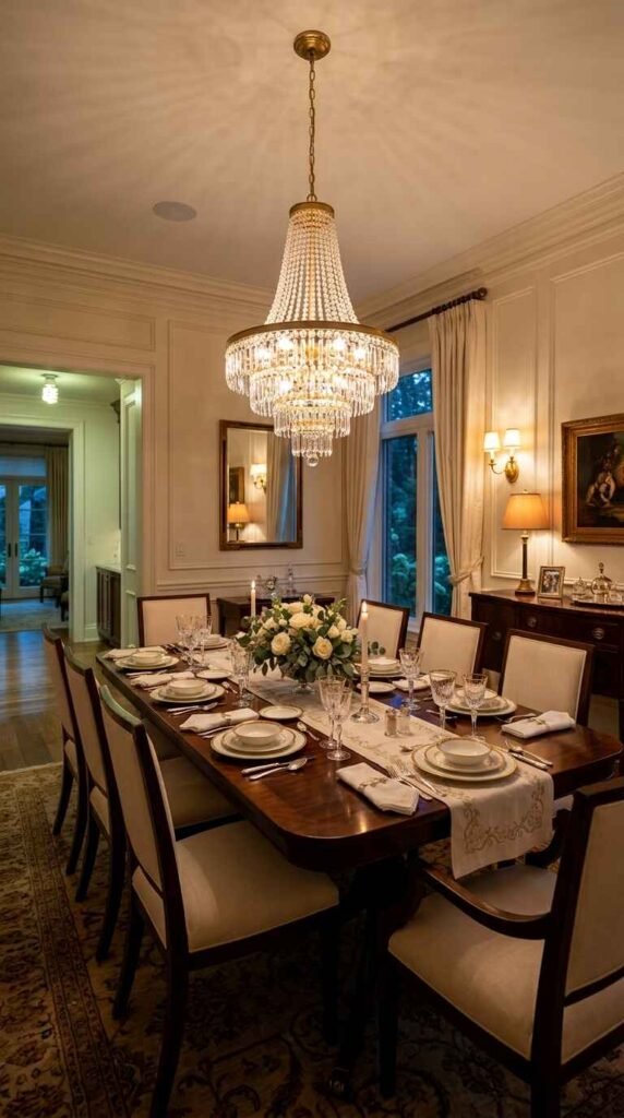 Classic French crystal chandelier suspended above a formal dining table in a cream dining room with brass sconces and warm lamps.