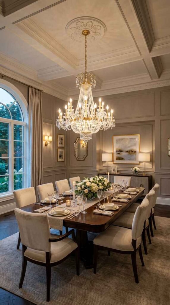 Classic empire crystal chandelier centered over an elegant dining room table under recessed coffered ceiling accent lighting.