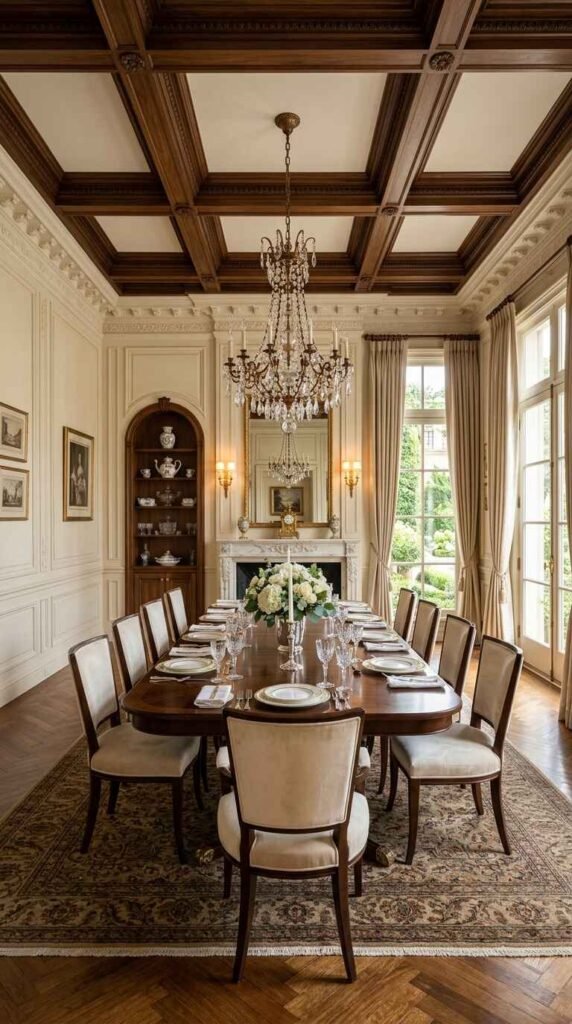 Grand luxury dining room featuring coffered wood ceilings, herringbone hardwood floors, and formal table styling.