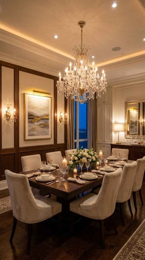 High-end dining room interior featuring plush upholstered dining chairs, custom wood paneling, and a dark wood sideboard.