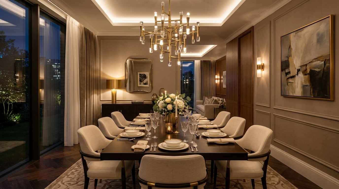 Luxury brass multi-arm sputnik chandelier illuminating an elegant contemporary dining room table layout