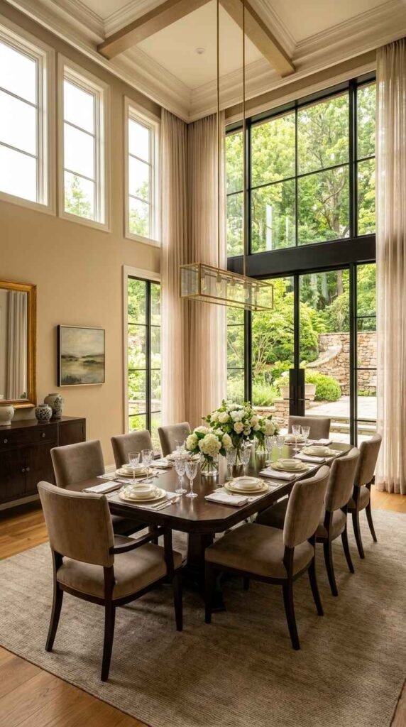 Double-height luxury dining room with floor-to-ceiling windows featuring a brass linear glass box pendant light over a dark wood table.