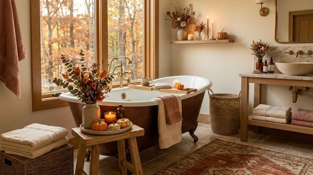 Freestanding clawfoot bathtub styled with warm candlelight, autumn leaves in a pottery vase, and soft textured towels for a cozy fall bathroom.